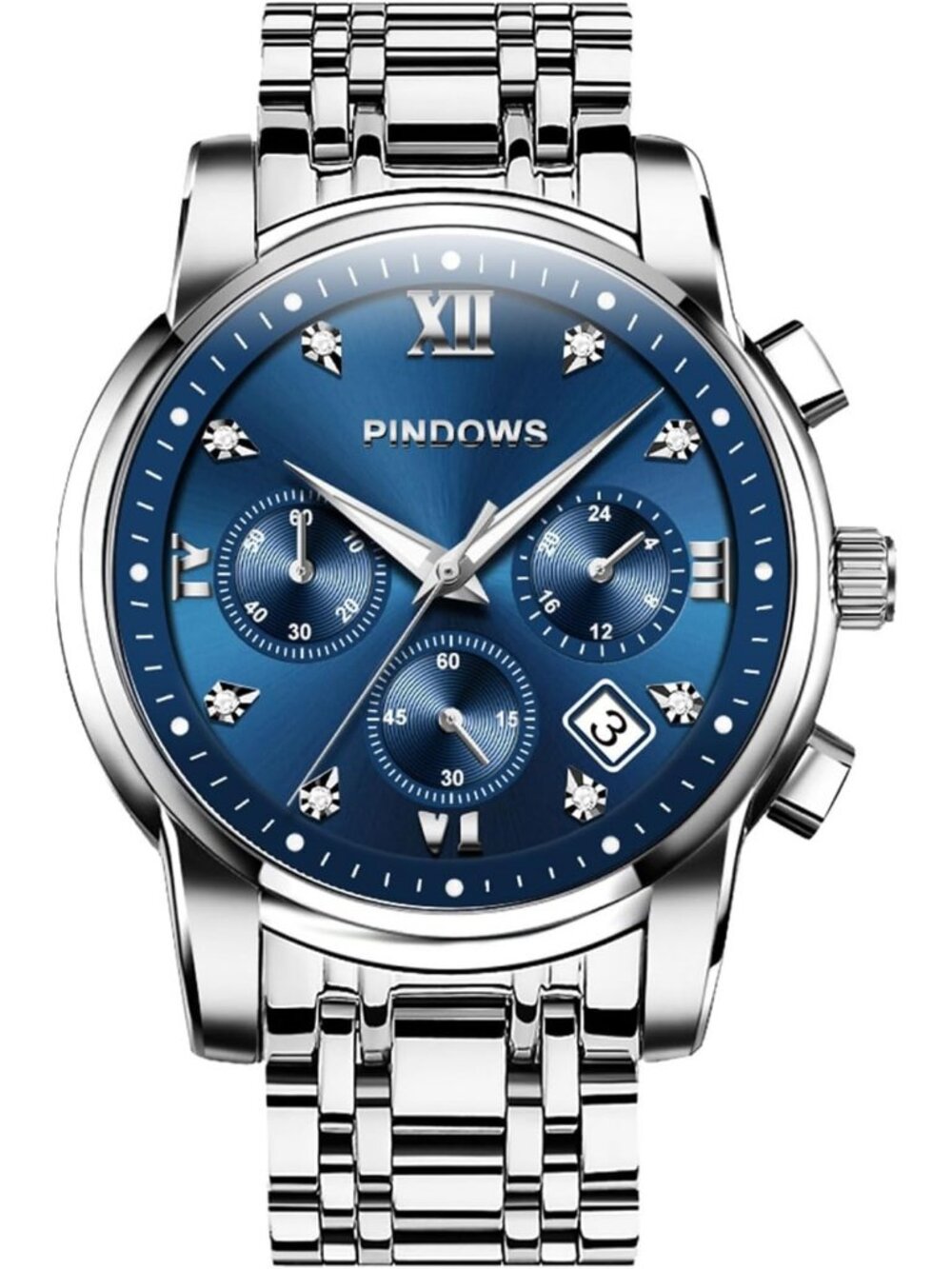 Men's Silver Blue Classic Quartz Watch Stainless Steel Diamond Dial Wrist Watch